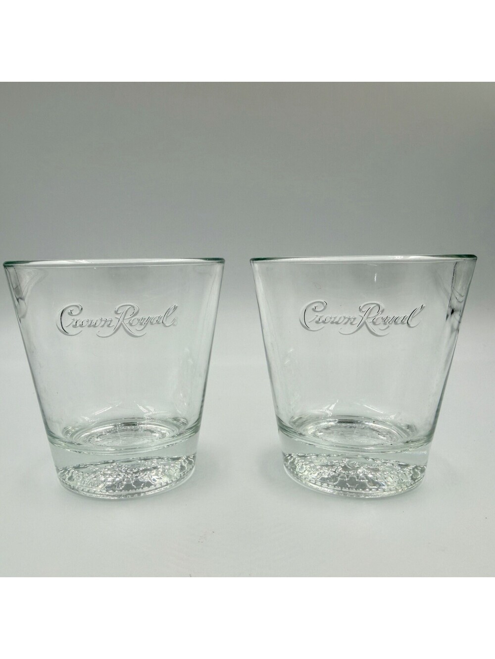 Pair Crown Royal Whisky Glasses Etched Script Logo Crown Base Lowball Set of 2